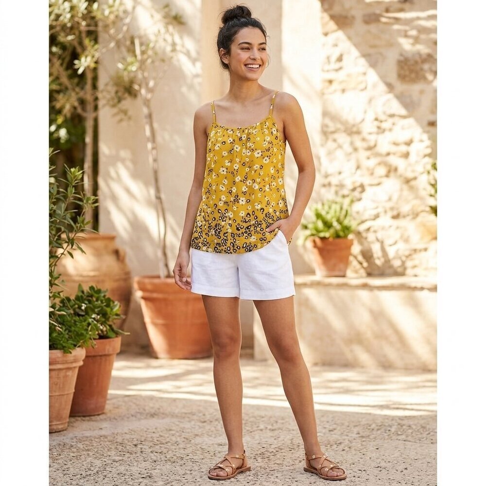 CAbi Couple Cami, yellow mustard gold shirt with black and white flowers, S.